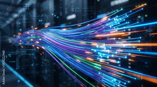 Multicolored fiber optic cables transmitting data in a high tech server room environment