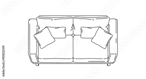 Simple black and white line art illustration showing a top-down plan view of a two-seater sofa or loveseat with two cushions.