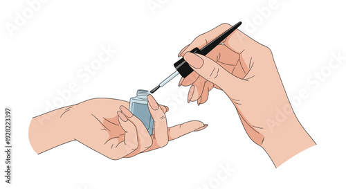 Elegant illustration of a woman's hands with long nails, with one hand applying a coat of light blue nail polish to the other.