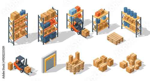 Warehouse and logistics icons featuring forklifts, pallets, and storage racks in isometric view