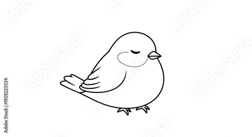 Adorable and simple black and white line art drawing of a cute, chubby little bird sleeping or resting with its eyes peacefully closed.