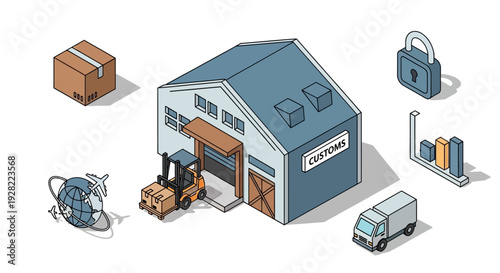 Warehouse operations and logistics with global distribution and security icons representing import and export services