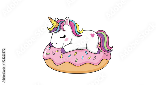 Adorable cartoon unicorn with a rainbow mane sleeping peacefully on a large pink-frosted donut with colorful sprinkles on a white background.