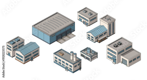 Isometric Industrial Buildings Collection A Set of Diverse Factory and Warehouse Structures for Urban Planning and Development