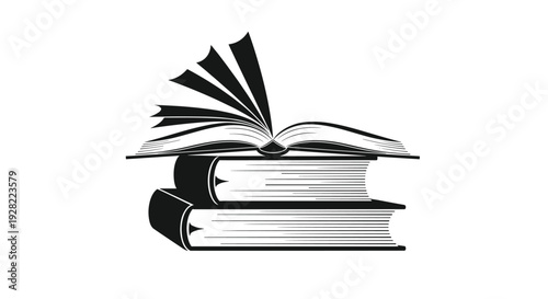 Black and white silhouette icon of an open book resting on top of a stack of two closed books in a classic, stylized design.