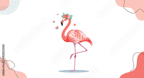 Beautiful pink flamingo wearing a flower crown, surrounded by hearts on a white background with abstract pink and grey shapes in the corners.