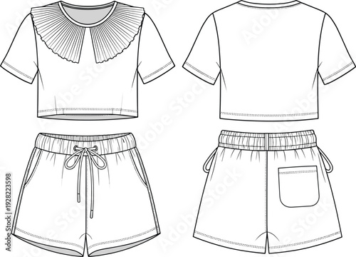 Women casual outfit set mockup, short sleeve top and drawstring shorts front and back view isolated vector illustration