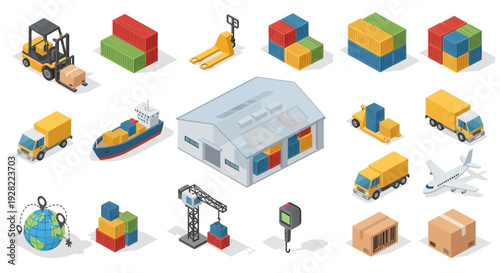 Isometric logistics and delivery icons, including forklifts, cargo ships, airplanes, trucks, warehouses, and shipping containers, representing global trade and supply chain management