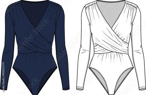 Women long sleeve wrap bodysuit mockup set, elegant fashion apparel design isolated on white background vector illustration