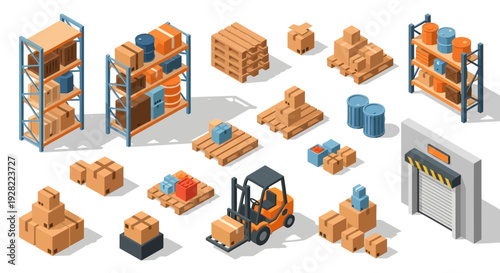 Warehouse isometric objects and elements for logistics, storage, and delivery services