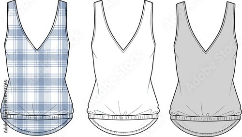 Women tank top mockup set, front view sleeveless shirt template isolated on white background vector illustration