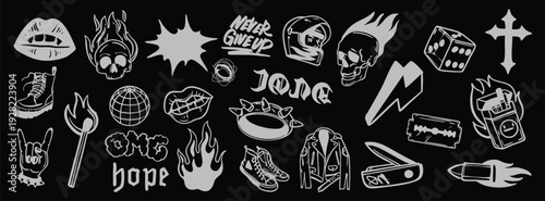 Rock and punk doodle icon set on black background. Hand drawn skull, flame, lightning, heart, and gesture symbols for music branding. Bold monochrome clipart collection for posters, apparel, stickers,
