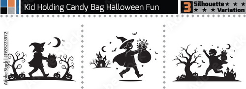 Spooky Halloween Fun Kid Holding Candy Bag Silhouette Concept Variation Vector Set