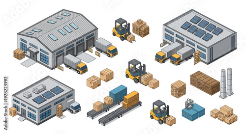 Isometric warehouse and logistics operations including forklifts, trucks, and delivery vehicles