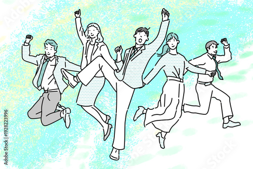 スタートアップのイメージイラストージャンプするビジネスパーソンーカジュアル服ー抽象的背景イラスト素材