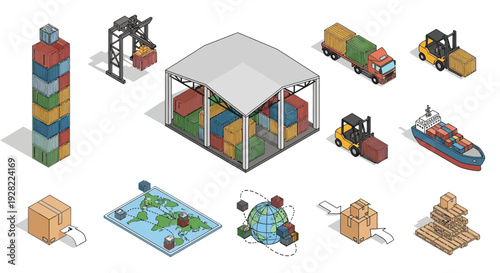 Isometric logistics and supply chain management icons