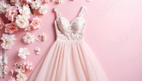 Delicate pink dress with floral embellishments on a soft pastel background