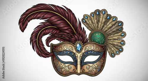 Vibrant mardi gras masquerade mask with peacock feathers and jewels on white background for carnival costume party
