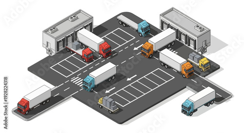 Logistics Hub with Trucks and Loading Docks Illustrating Supply Chain and Distribution Network Operations