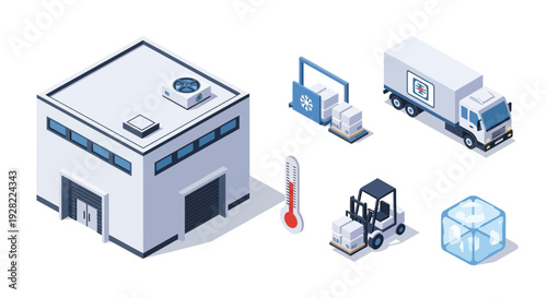 Isometric warehouse, refrigerated truck, forklift, and ice cube illustration representing logistics and cold storage solutions