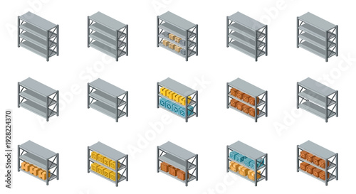 Isometric warehouse shelves with various boxes and containers, 3D rendered storage and logistics concept