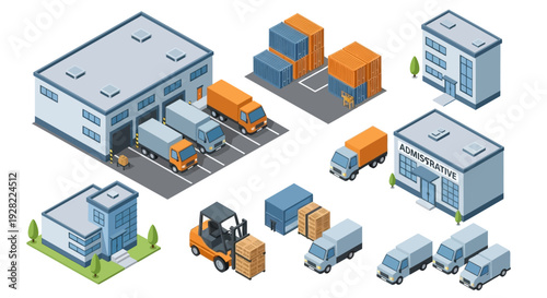 Isometric illustration of industrial and commercial buildings with delivery trucks, forklifts, and cargo containers, representing logistics and distribution