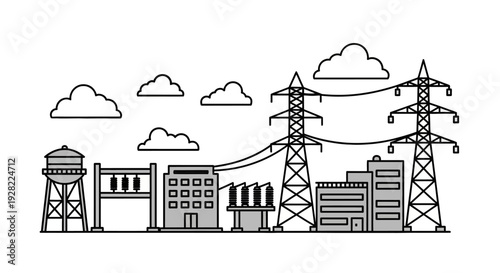 Industrial city skyline with power lines and industrial buildings against a cloudy sky