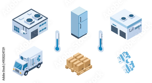 Isometric illustrations of logistics and cold chain delivery services featuring trucks, warehouses, and thermometers