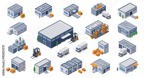Collection of Isometric Industrial Buildings and Vehicles for Logistics and Warehouse Operations