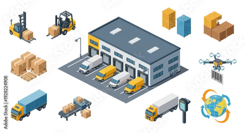Isometric logistics and delivery icons including trucks, forklifts, drones, and a warehouse complex, representing global supply chain and transportation operations