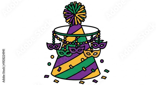 Mardi gras party hat with colorful masks and confetti on white background for festive celebration