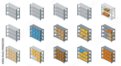 Collection of isometric shelving units filled with various stacked boxes, representing storage and logistics solutions