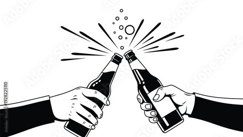 Two hands hold glass beer bottles together in a celebratory toast with liquid splashing and carbonation bubbles rising upward.