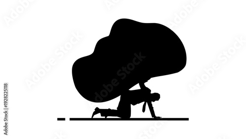 A man under a huge rock, black isolated silhouette
