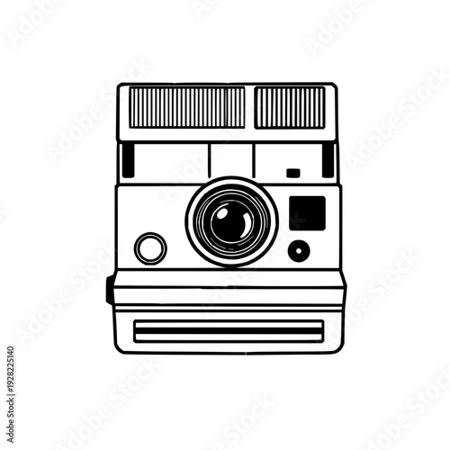 Vintage Polaroid camera sticker design, minimalist retro photography theme with bold borders, isolated on white background
