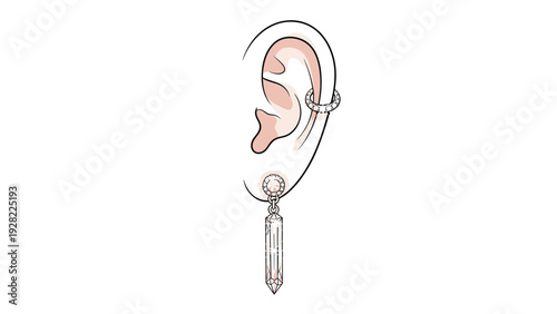 Close up illustration shows a human ear adorned with a simple silver cartilage ring and a long dangling crystal pendant earring.