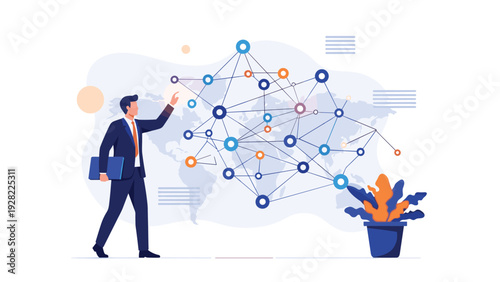 Professional businessman in a suit interacts with a complex interconnected network diagram overlaid on a map of the entire world.