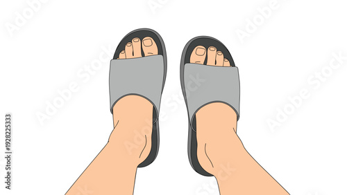 Top down view of human feet comfortably wearing a pair of simple grey open toe slide sandals against a plain white background.