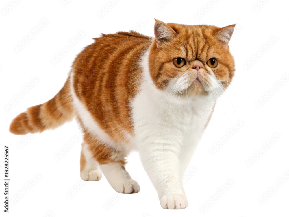 Obraz premium Grumpy orange and white exotic shorthair cat walking. This cute isolated feline pet has very serious expression on its flat face while looking forward