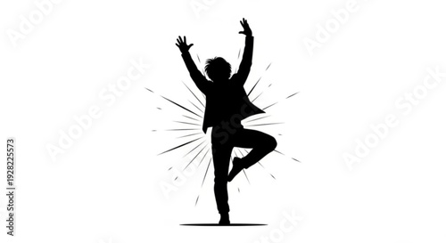 Person in dynamic yoga pose with arms raised in black silhouette against white background with motion lines