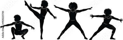 Female Fitness Workout Silhouettes Collection with Squat High Kick and Stretching Exercise Poses Vector Set