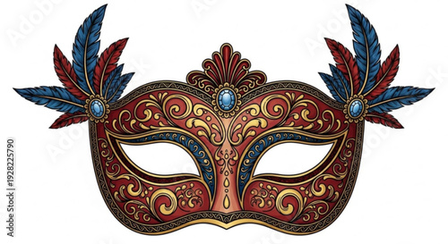 Vibrant masquerade mask with feathers and jewels on white background for party and carnival events