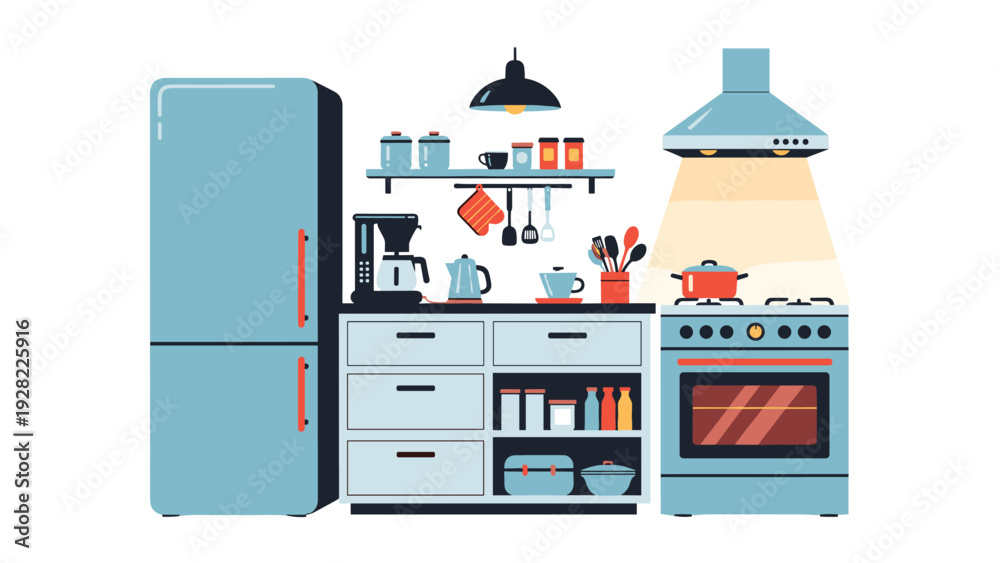 Obraz premium Fully equipped modern kitchen interior with blue cabinets, refrigerator, stove, coffee maker, and various utensils on shelves.