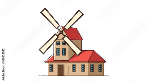 Traditional wooden windmill building with large sails and a red roof, a classic symbol of rural agriculture and heritage.