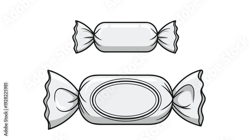 Two classic hard candies in white wrappers with twisted ends, shown in different sizes against a white background.