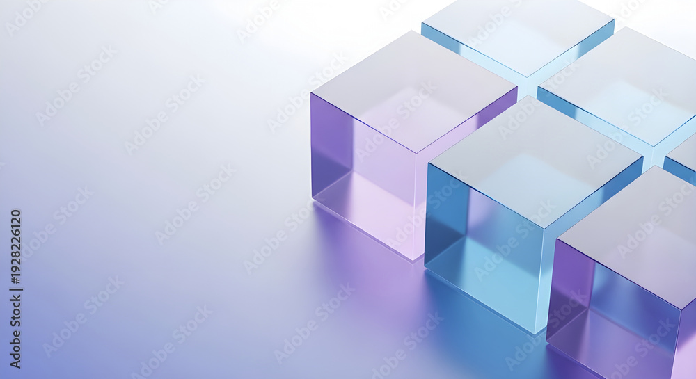 Obraz premium Abstract composition of translucent glass cubes with purple and blue hues on a gradient reflective surface