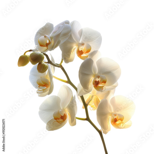 White orchid phalaenopsis flower blossom petal stem bud flora bloom elegant white orchid flower blossom petal stem bud flora bloom transparency background with soft sunlight glow and tranquil mood