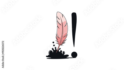 Pink feather quill pen dipping into a splash of black ink with an exclamation mark, symbolizing creative writing and literature.