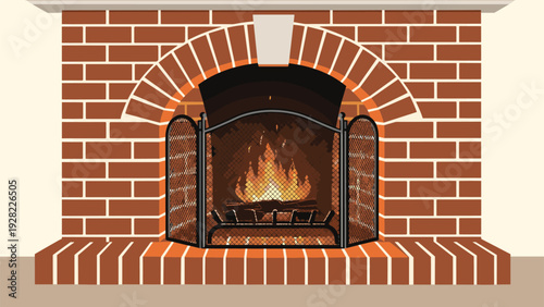Cozy brick fireplace with a burning wood fire behind a protective screen, creating a warm and inviting home atmosphere.