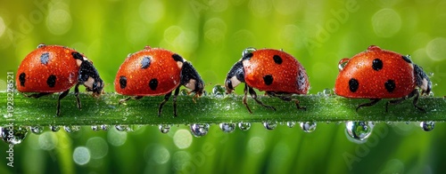 Panel kuchenny z motywem The Ladybugs on a Dewy Grass Blade in Vibrant Green Macro Composition